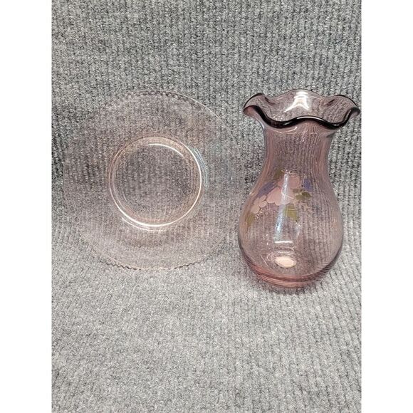 Fenton Design TeleFloral Hand Painted Vase Purple Flowers and Bottom Plate - Picture 5 of 5